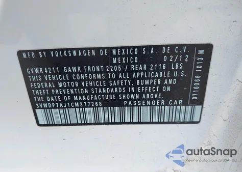 2012 Volkswagen Jetta 2.5L Se from USA, damaged, VIN 3VWDP7AJ1CM377268